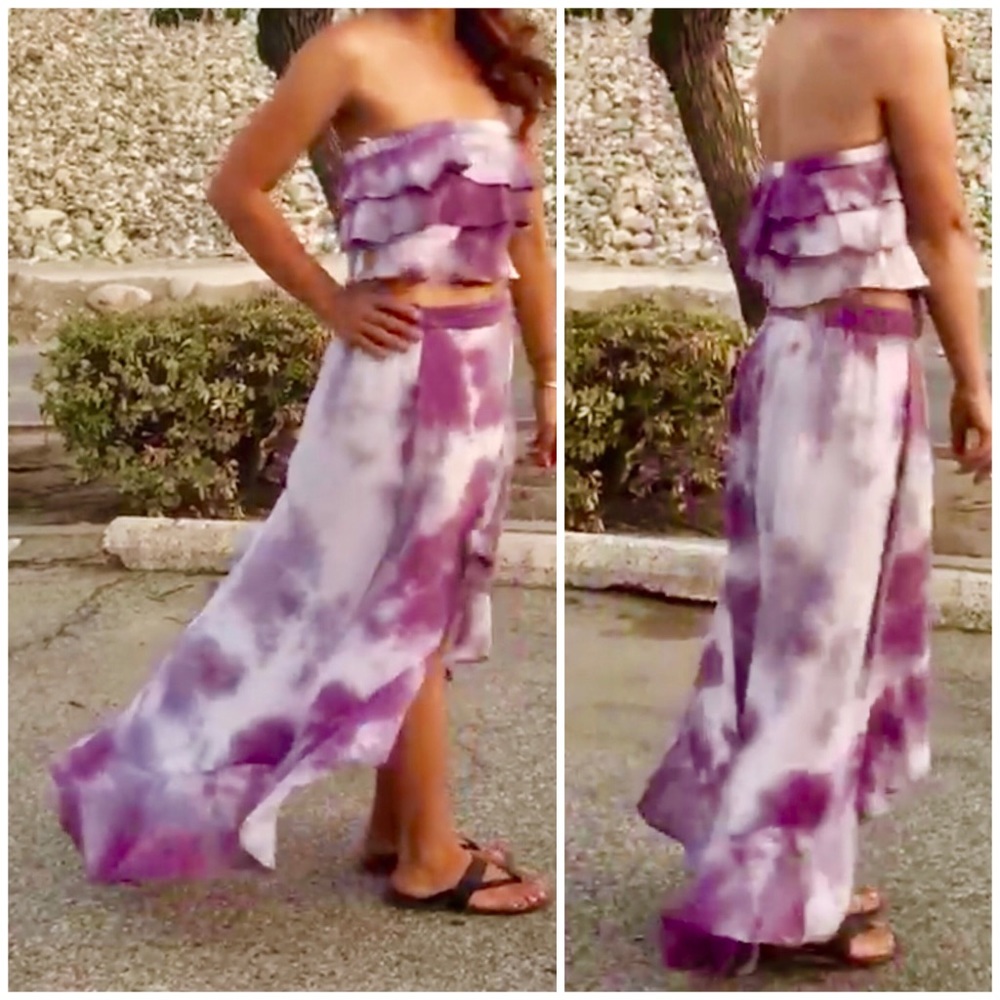 LAST Tie Dye Ruffle Crop Top Hi Low 2pc Skirt Set - Picture 6 of 6